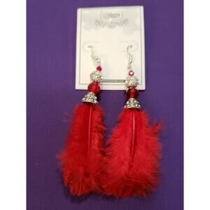 Long Red Feather Dangle Earrings Clear Rhinestone Crystal Ball Silver Tone